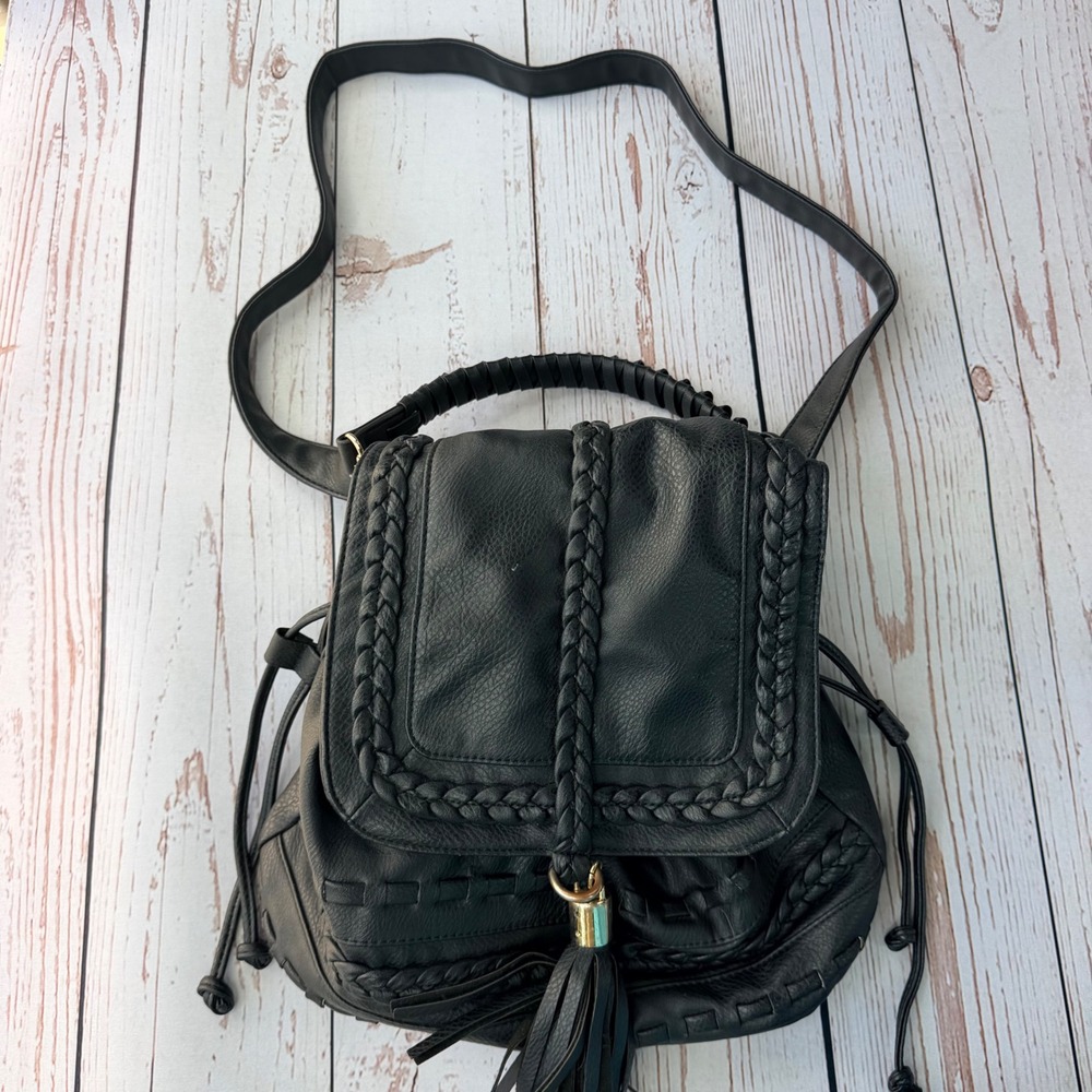 JustFab Black Faux Leather Braided Whipstitch Tassel Drawstring Backpack Bag